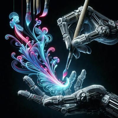 The primary subject of the image is a robotic hand holding a paintbrush, creating a painting. The setting is a dark background, which adds to the overall mood of the image. The visual style is a combination of digital art and illustration, as the robotic hand and the painting are both digital creations. The colors and mood of the image are predominantly dark and moody, with the robotic hand and the paintbrush being the main focus.